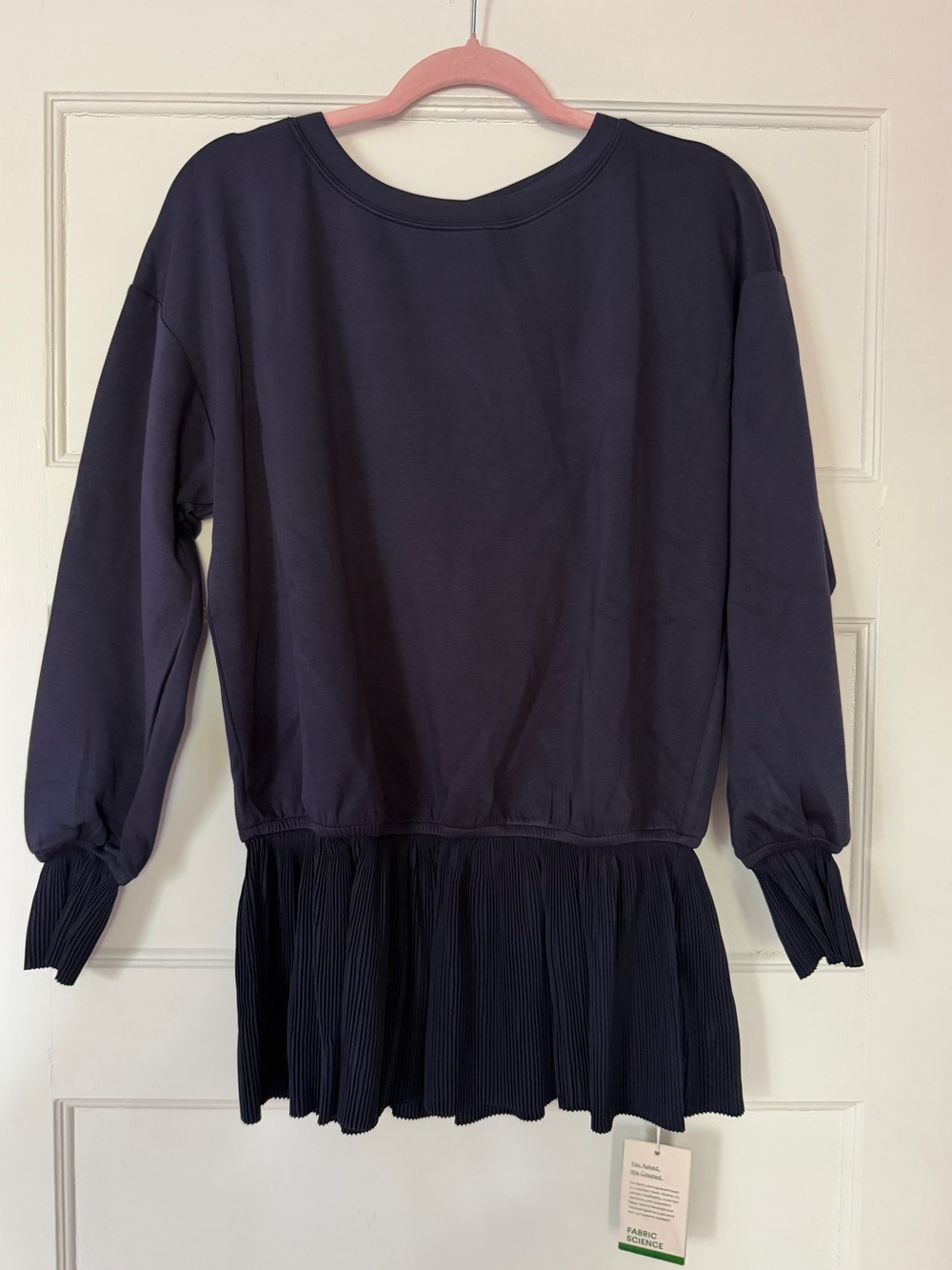 Halara Navy Pleated Hem Sweatshirt Top XS NWT Long Sleeve Peplum